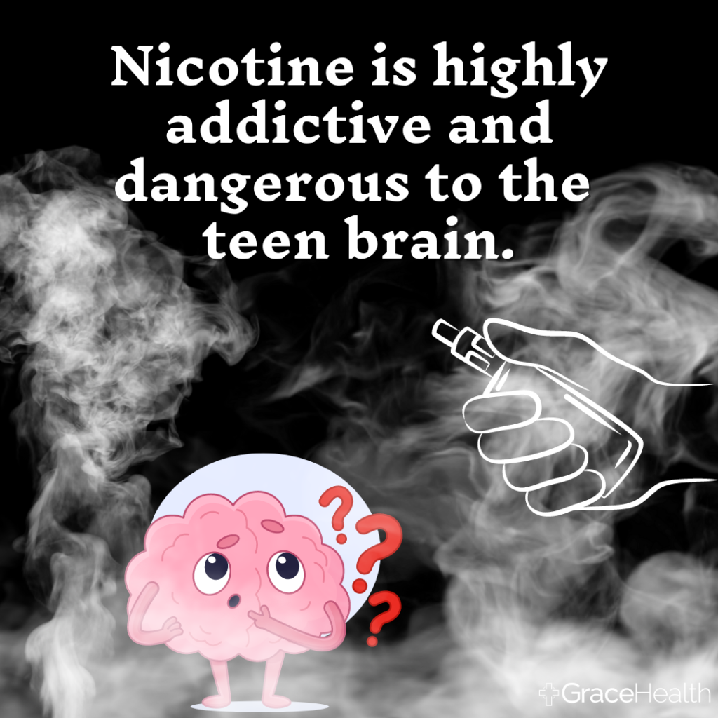 Image of cartoon brain surrounded by vape smoke, looks worriedly above it at a hand holding a vape known as a mod. Words read "Nicotine is highly addictive and dangerous to the teen brain"