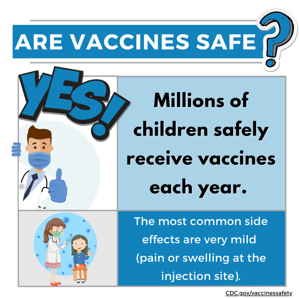 Text version: 
Are vaccines safe? Yes. Millions of children safely receive vaccines each year. The most common side effects are very mild, such as pain or swelling at the injection site.

Source: https://www.cdc.gov/vaccinesafety/caregivers/faqs.html